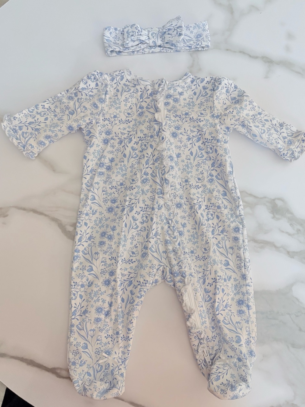 Little Me White and Light Blue Floral Footed One-Piece with Headband